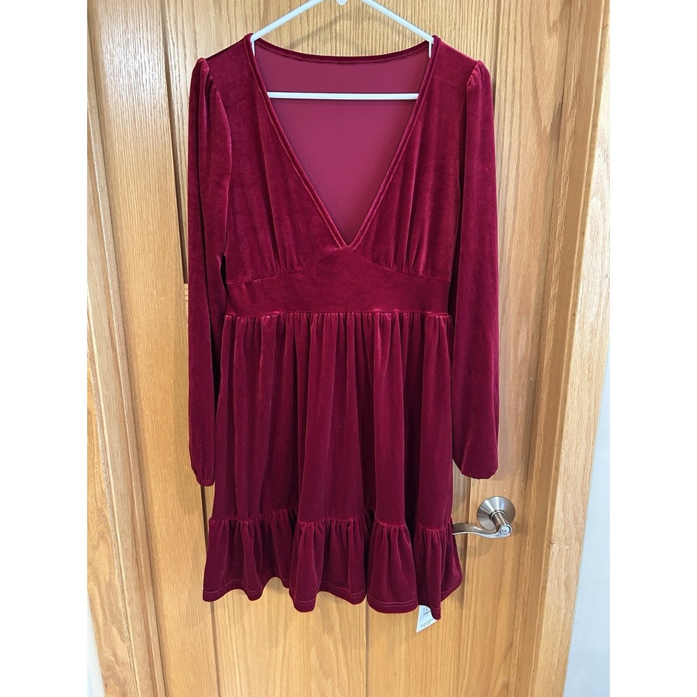 NEW Halara Red Deep V Neck Long Sleeve Ruffled Hem Velvet Mini Chill Dress M